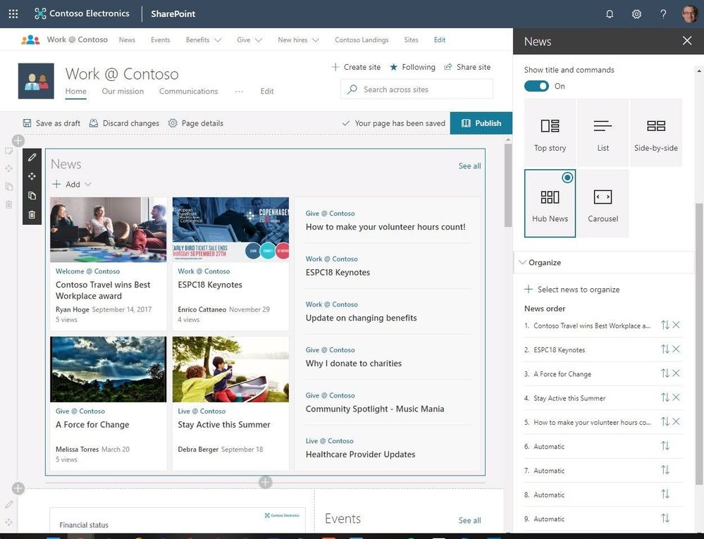 sharepoint organize news