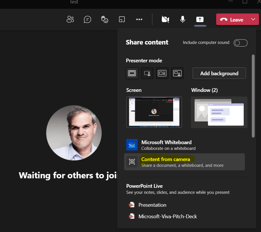 Microsoft Teams Screen Share Content from Camera