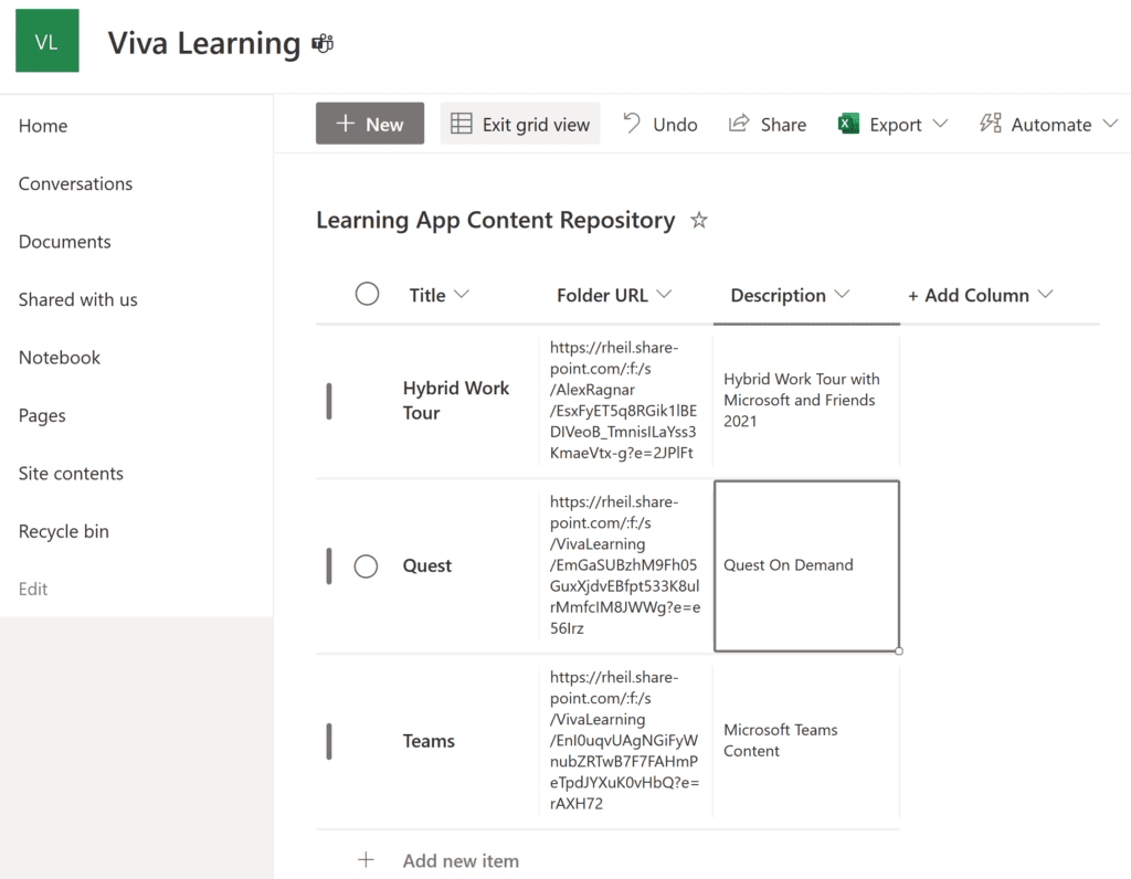 Microsoft Viva Learning App Content Repository List Items