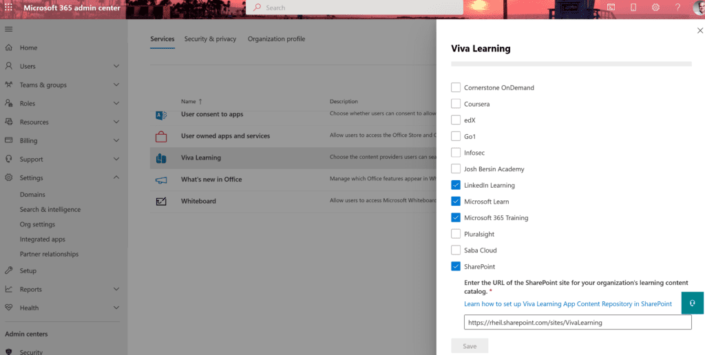Microsoft Viva Learning SharePoint Integration in Global Admin Center