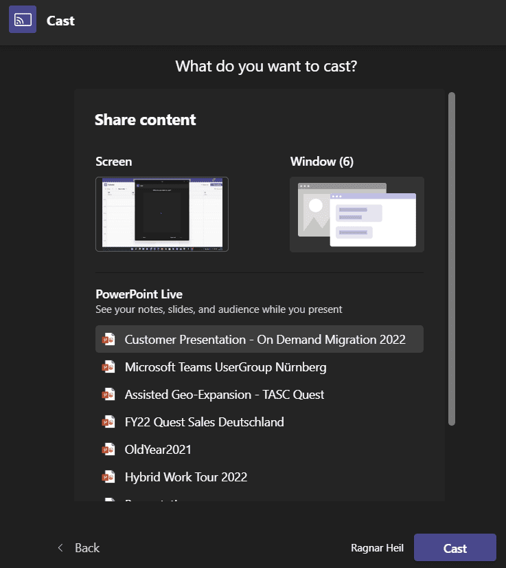 Microsoft Teams Cast from PC and select PowerPoint