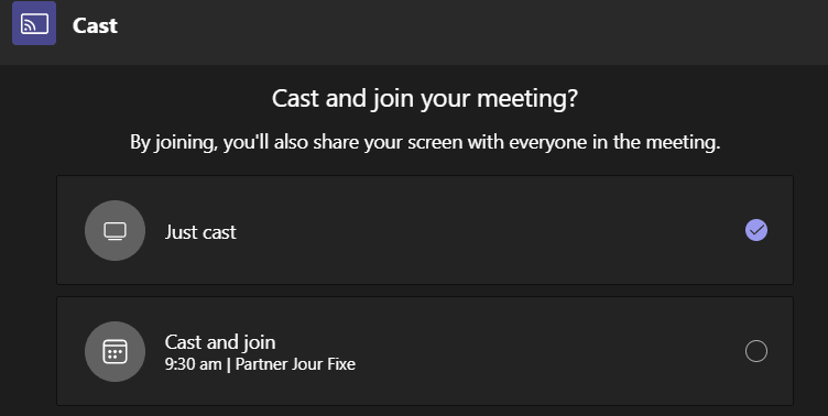 Microsoft Teams Cast from PC and select where to cast