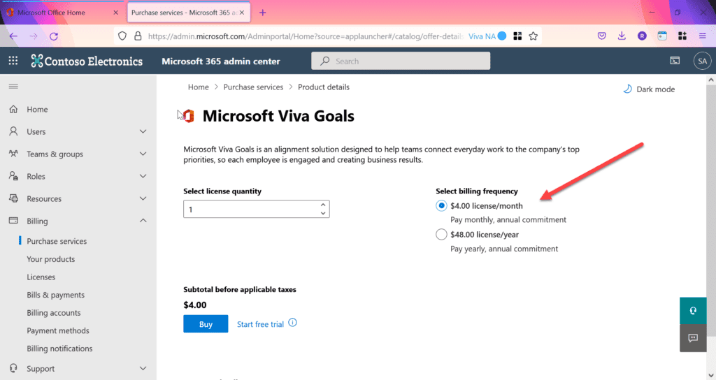 Purchase a (trial) License  of Viva Goals in Microsoft 365 Admin Center