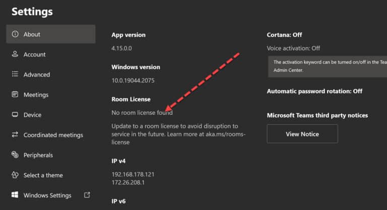 No Microsoft Teams Room license found