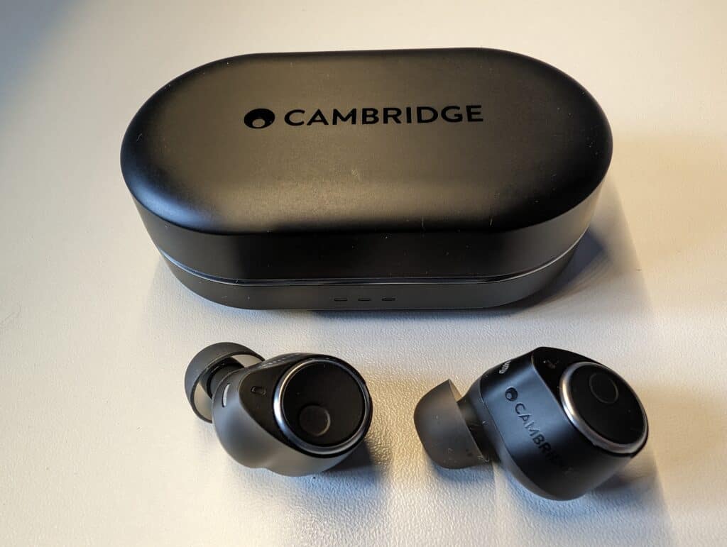 Cambridge Audio Melomania M100 True Wireless In-Ear Buds in their charging case