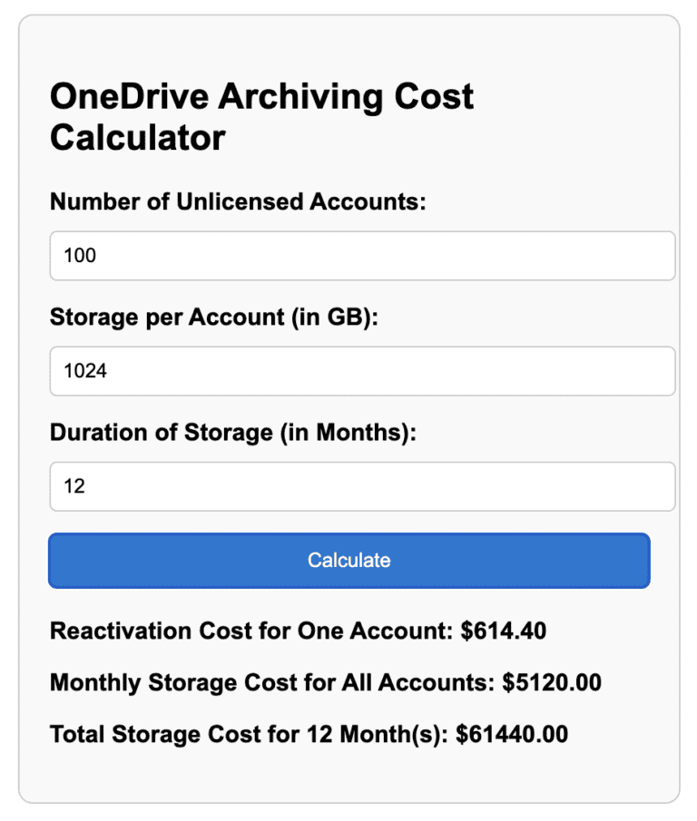 OneDrive Archiving Cost Calculator