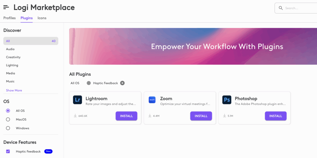 Haptic Feedback Plugins in Logi Marketplace